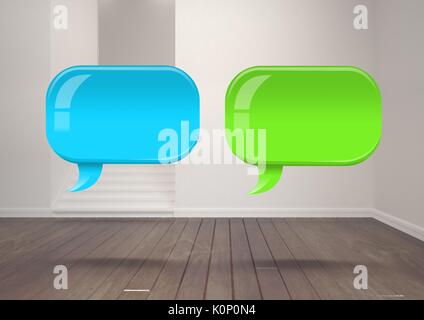 Digital composite of Two Shiny chat bubbles floating in room Stock Photo
