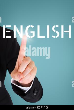 Digital composite of Hand interacting with English business text against blue background Stock Photo