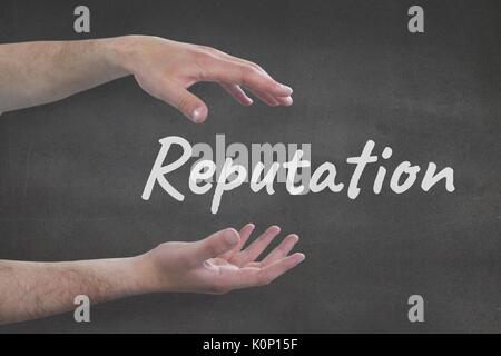 Digital composite of Hands interacting with reputation business text against grey background Stock Photo
