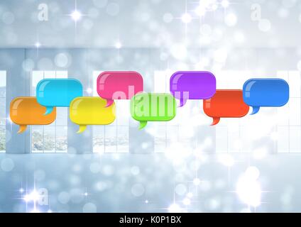Digital composite of Group of Shiny chat bubbles floating in room Stock Photo