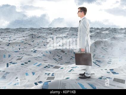 Digital composite of Businessman holding briefcase in sea of documents under sky clouds Stock Photo