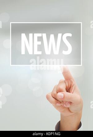 Digital composite of Hand interacting with news business text against white background Stock Photo