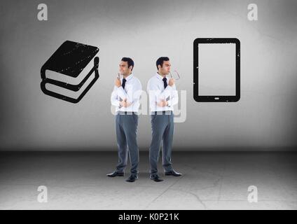 Digital composite of Books or tablet with Businessman looking in opposite directions Stock Photo