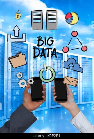 Digital composite of Business people holding phones and graphics in server room Stock Photo
