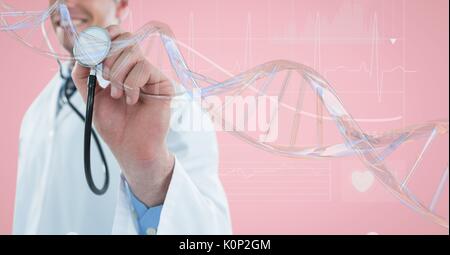 Digital composite of Doctor man with a ball with 3D DNA strand against pink background Stock Photo