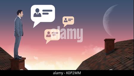 Digital composite of Chat profile icons and Businessman standing on Roofs with chimney and moon sky Stock Photo