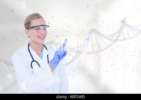 Digital composite of Happy doctor woman interacting with 3D DNA strand Stock Photo