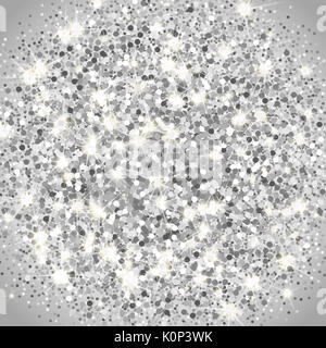 Falling silver particles on a black background. Scattered silver confetti. Rich luxury fashion backdrop. Bright shining glitter. Round dots. Stock Photo