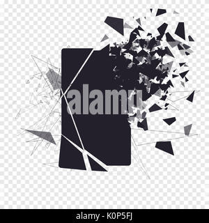 Cracked phone screen shatters into pieces. Broken smartphone split by the explosion. Display of the phone shattered. Modern gadget needs to be repaired. Stock Photo