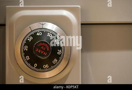 Close up of secure number dial combination lock on Chubb Mark IV Manifoil, a Military Grade Government filing cabinet Stock Photo