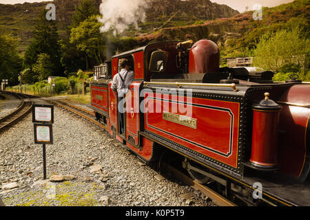 Narrow gauge Double Fairlie steam locomotive Merddin Emrys of the Ffestiniog Railway Company at Tanygrisiau station Stock Photo