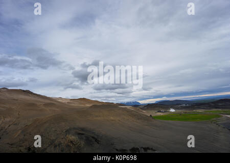 Iceland - Aerial view over volcanic landscape and fumaroles of geothermal area hverir near myvatn Stock Photo