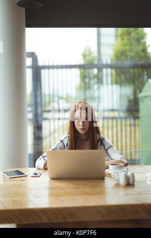 Portrait of woman using laptop while sitting at table in cafe Stock Photo