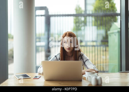 Portrait of woman using laptop at table in cafe Stock Photo