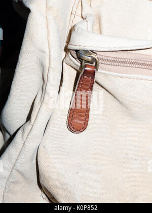 close up of a brown leather zip on bag; England; UK Stock Photo