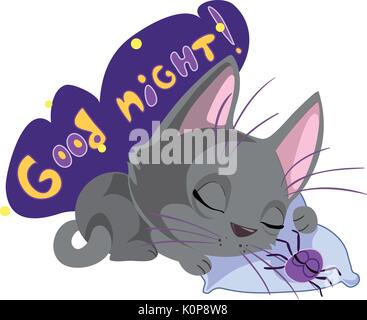 Sleeping kitten with his friend spider on the pillow Stock Vector