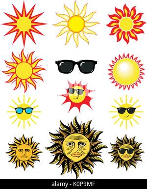 set of cartoon sun illustrations, in vector format individual objects very easy to edit Stock Vector