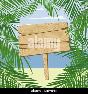 palm leaves framing a blank wooden sign board on beach, vector format very easy to edit, individual objects Stock Vector