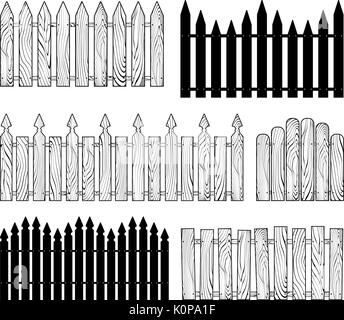 wooden b&w fences silhouettes vector set isolated on white background Stock Vector
