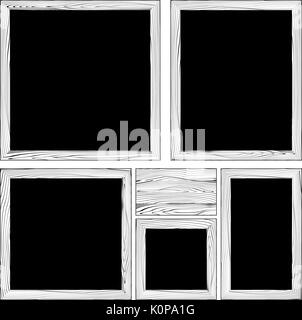 set of various wood frames and wooden plank in black and white Stock Vector