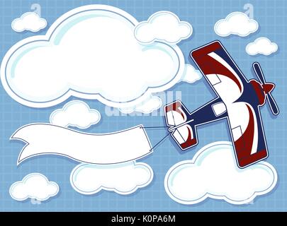 funny airplane cartoon with blank banner on blue background and clouds Stock Vector