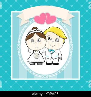 cute bride and groom with hearts and empty banner on seamless hearts pattern, ideal for funny wedding invitations Stock Vector