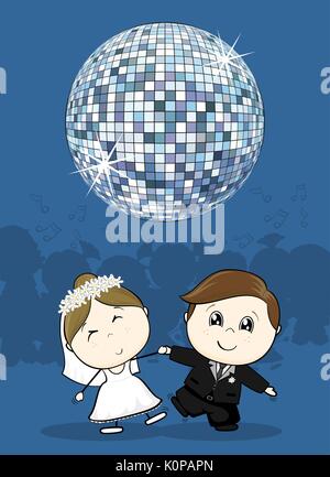 cute bride and groom first dance wedding with big disco ball, ideal for funny party invitation Stock Vector
