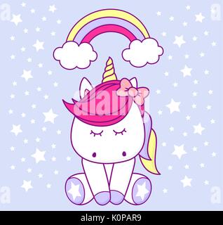 cute unicorn with rainbow and stars on light blue background Stock Vector