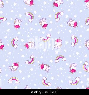 seamless pattern illustration of cute unicorns with rainbow and stars on light blue background, design for children Stock Vector