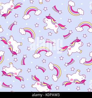 seamless pattern illustration of cute unicorns with rainbow and stars Stock Vector