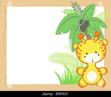 cute baby giraffe with tropical leaves and palm tree on empty wood frame for copy space, ideal for nursery art decoration or scrapbooking projects Stock Vector