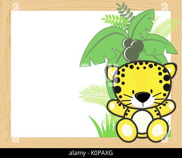 cute baby leopard with tropical leaves and palm tree on empty wood frame for copy space, ideal for nursery art decoration or scrapbooking projects Stock Vector