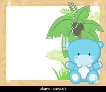 cute baby hippo with tropical leaves and palm tree on empty wood frame for copy space, ideal for nursery art decoration or scrapbooking projects Stock Vector