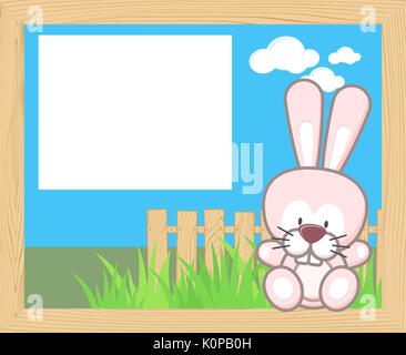 wood frame with cute baby rabbit and blank board for copy space, design for children Stock Vector