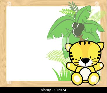 cute baby tiger with tropical leaves and palm tree on empty wood frame for copy space, ideal for nursery art decoration or scrapbooking projects Stock Vector