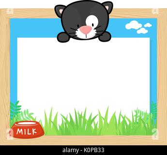 wood frame with cute baby black cat and blank board for copy space, design for children Stock Vector