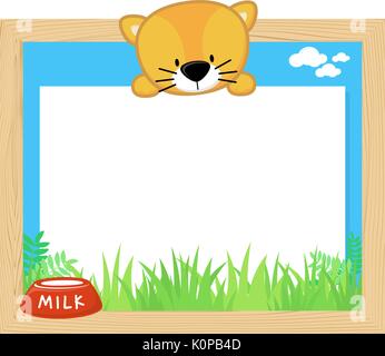 wood frame with cute kitten and blank board for copy space, design for children Stock Vector