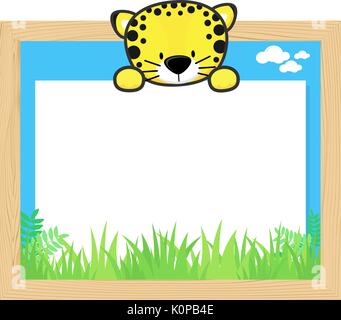 wood frame with cute baby leopard and blank board for copy space, design for children Stock Vector