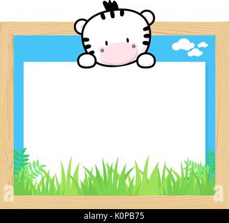 wood frame with cute baby zebra and blank board for copy space, design for children Stock Vector