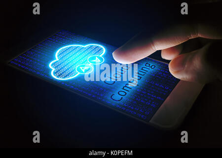 Cloud computing concept, Man using smartphone with virsual screen. Stock Photo