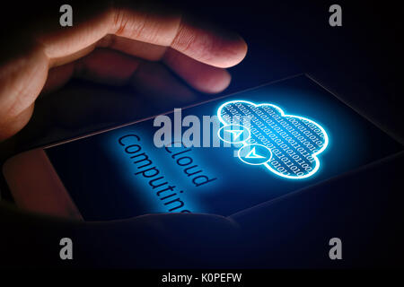 Cloud computing concept, Man using smartphone with virsual screen. Stock Photo