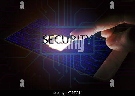 Cyber security concept. Man pointing at virtual screen with padlock ...