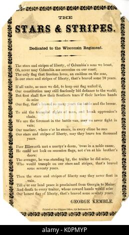 Broadside from the American Civil War entitled 'The Stars and Stripes, ' celebrating the American flag and describing all it has endured, 1863. Stock Photo