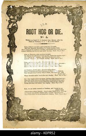 Broadside from American Civil War, entitled 'Root Hog or Die, ' praising Union resolve in the battles along the coast of North Carolina led by Union General Ambrose Burnside, New York, New York, 1862. Stock Photo