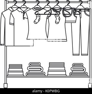 monochrome silhouette of clothes rack with t-shirts and pants on hangers and fold clothes on bottom Stock Vector