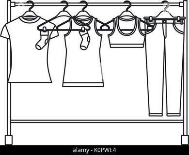 monochrome silhouette of female clothes rack with t-shirts and pants on hangers Stock Vector