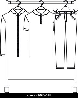 monochrome silhouette of male clothes rack with shirts and pants on hangers Stock Vector