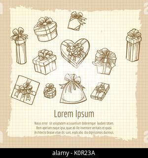Hand drawn vintage gift boxes collection, vector illustration Stock Vector