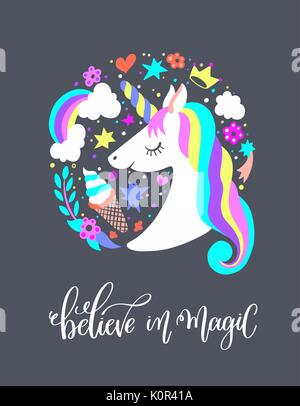 believe in magic - art poster with unicorn Stock Vector