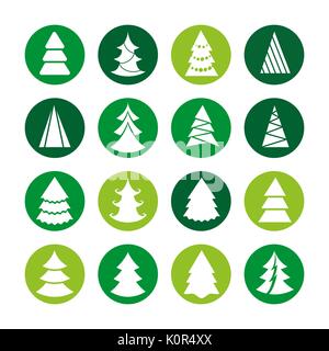White christmas trees on green rounds. Vector christmas tree icons Stock Vector